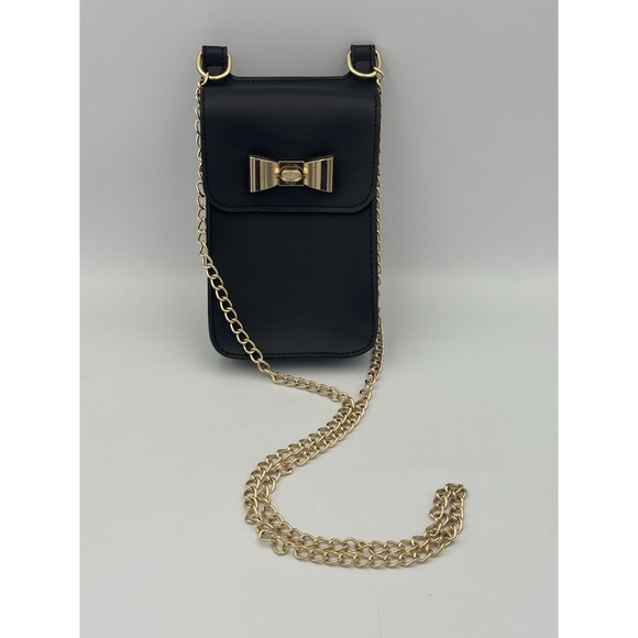 Olivia Miller Black Crossbody Phone Bag Gold Bow Chain Strap Small Purse - Picture 1 of 11